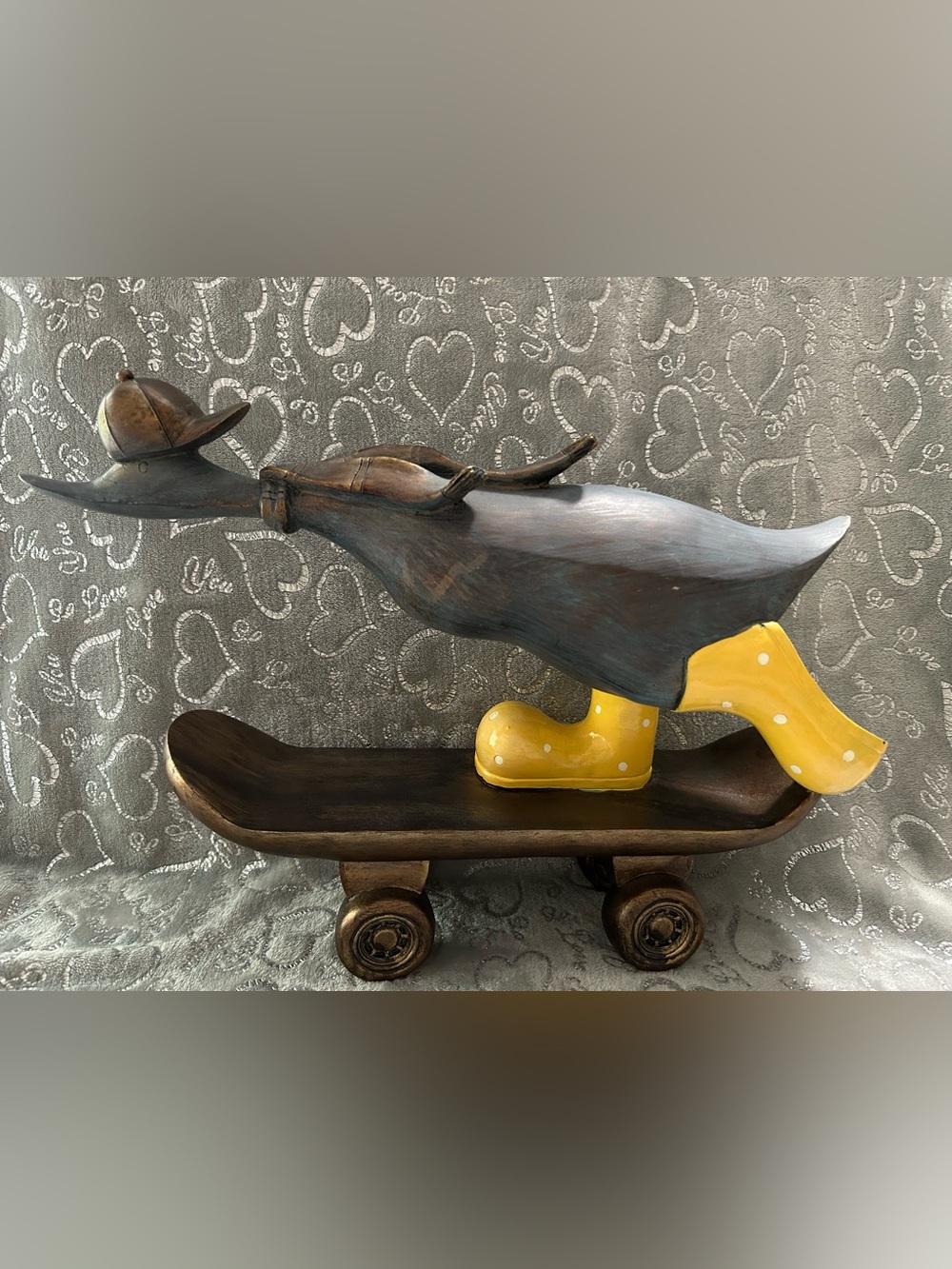 NEW Whimsical Wooden Mallard Duck on Skateboard with Yellow Polka Dot Boots